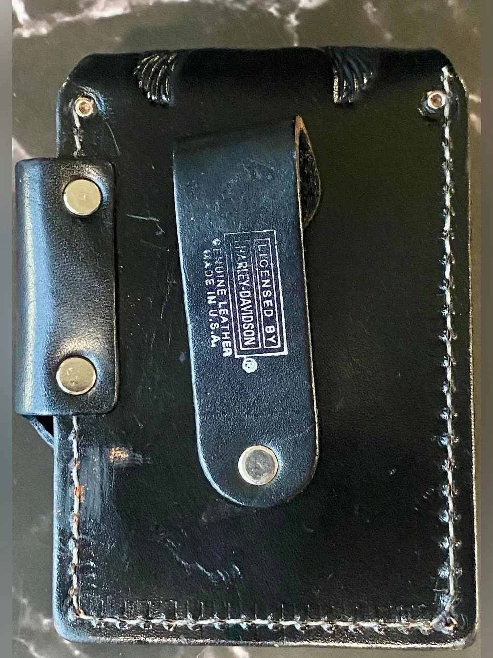 Harley-Davidson Embossed Black Leather Belt Pouch with Silver Clasp
